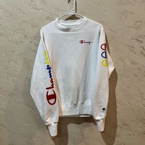 Champion Men’s White Crewneck Logo On Sleeve And Front size Small